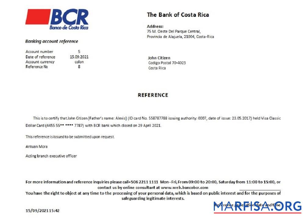 Blank Costa Rica The Bank of Costa Rica closure reference sample